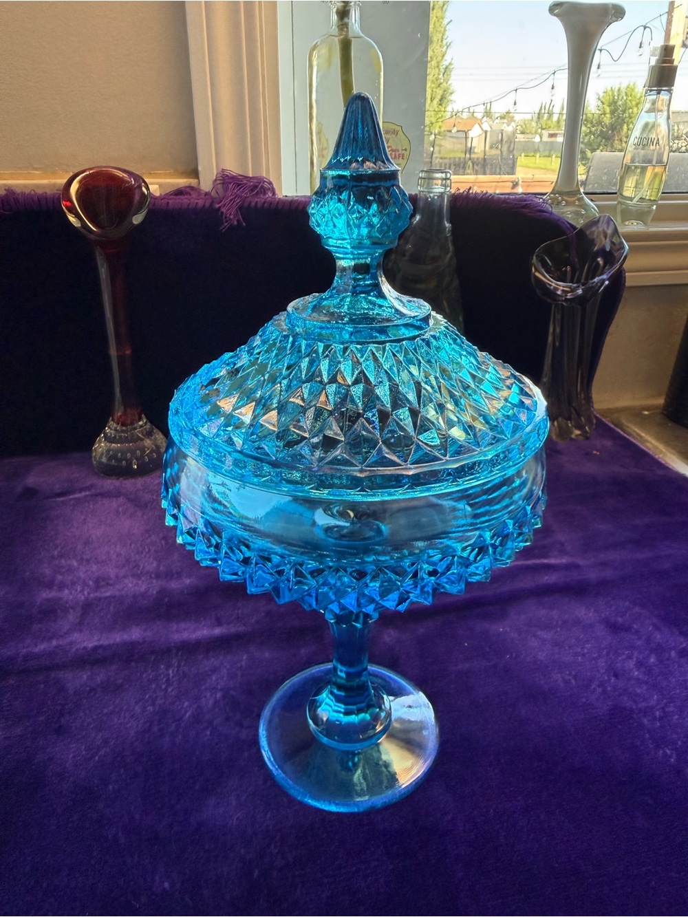 vintage Indiana Glass candy dish  Diamond Point line “Regal Blue" or "Capri Blue